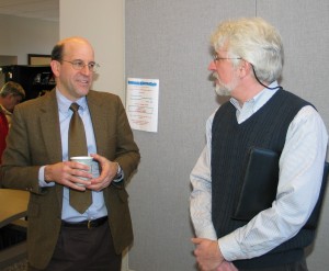LRCC Statewide Building Analyst Certification Trainer, Andy Duncan (left), talks with former student, Eric Halter (Concord-right), prior to a Community College System of NH Board of Trustees meeting held earlier this month. 